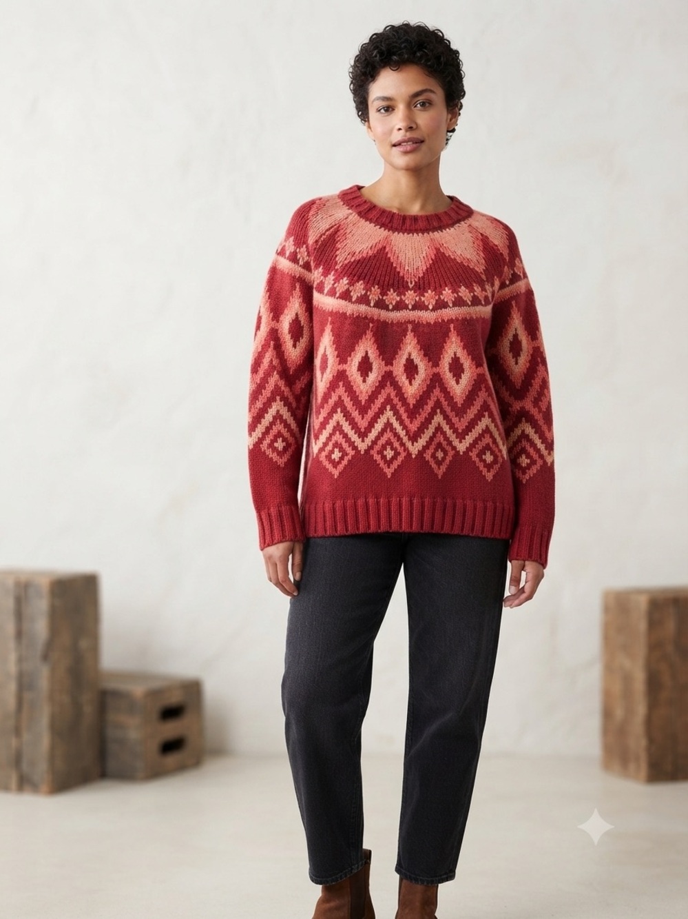 True Craft Red & Cream Fair Isle Crewneck Sweater